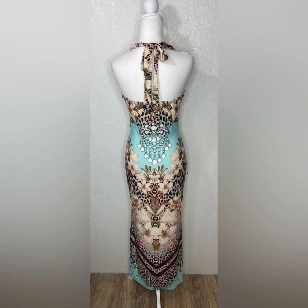 Venus Tropical Floral Leopard Print V-Neck Bodycon Halter Maxi Dress Sm Resort - Picture 9 of 13